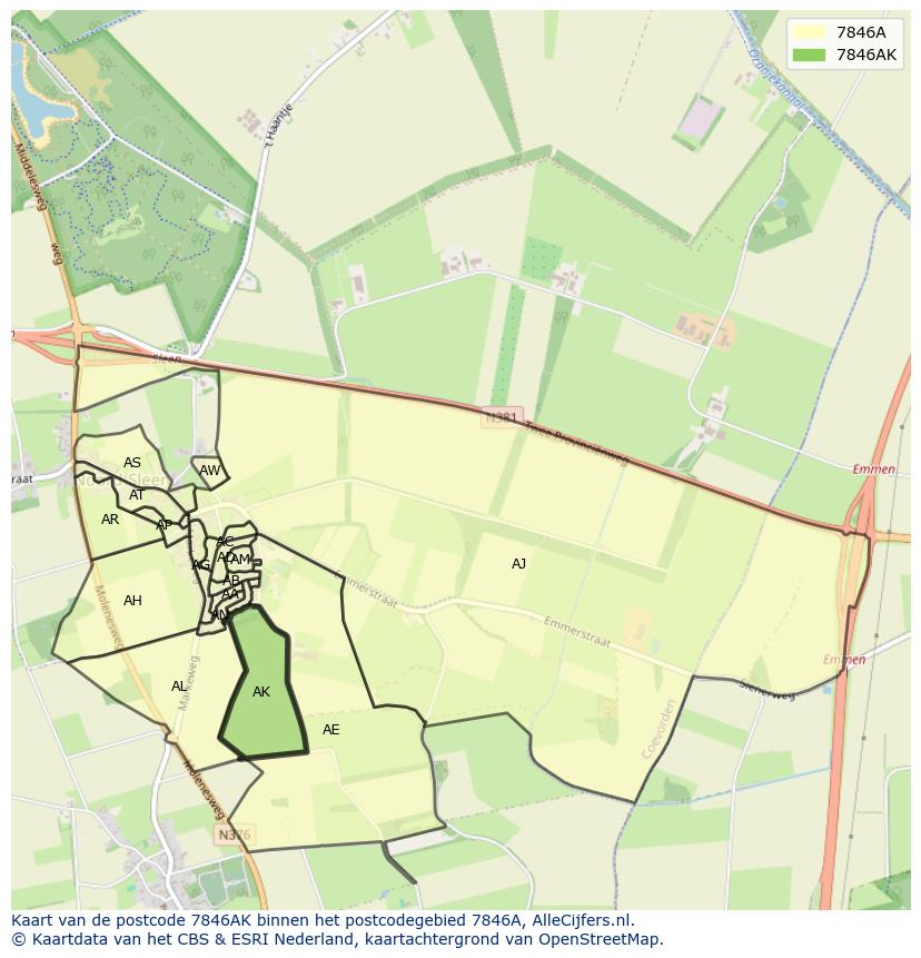 Afbeelding van het postcodegebied 7846 AK op de kaart.