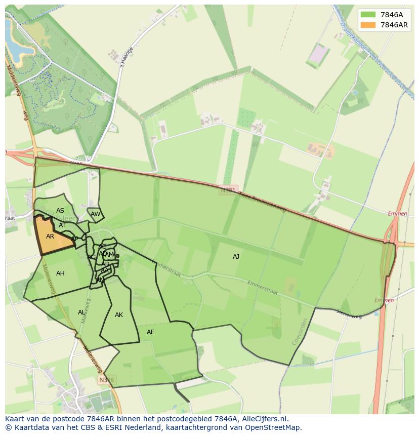 Afbeelding van het postcodegebied 7846 AR op de kaart.