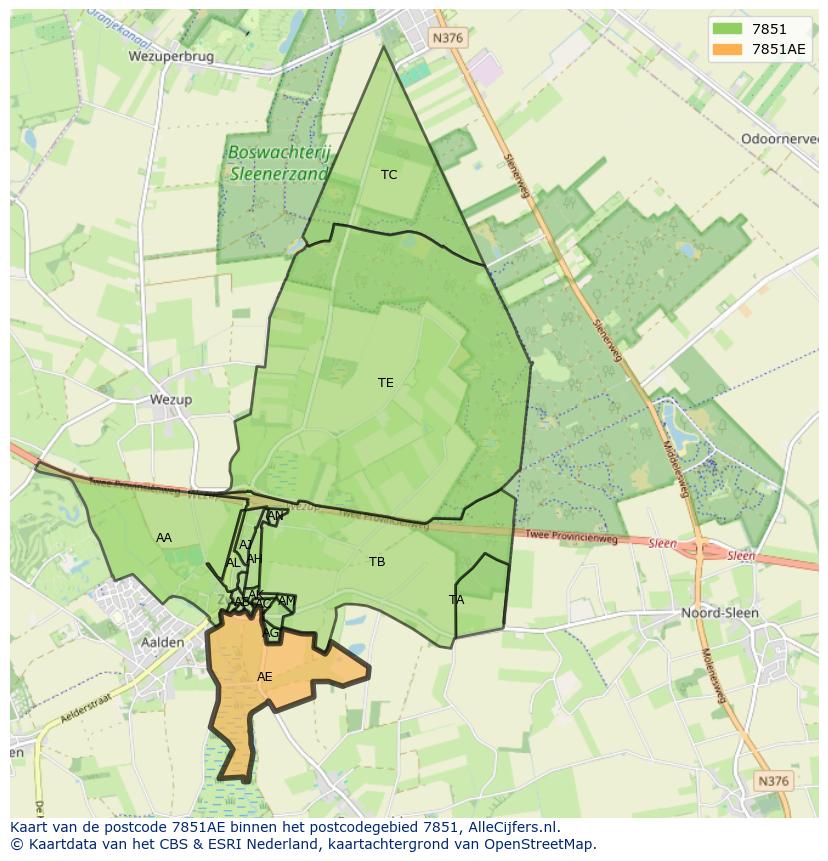 Afbeelding van het postcodegebied 7851 AE op de kaart.