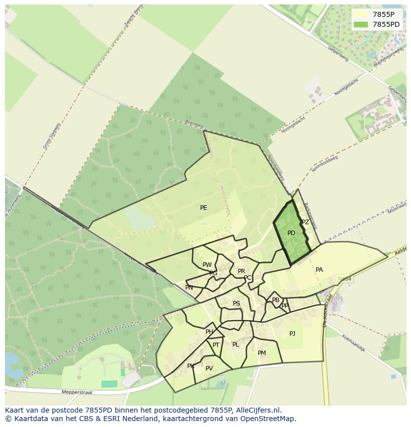 Afbeelding van het postcodegebied 7855 PD op de kaart.