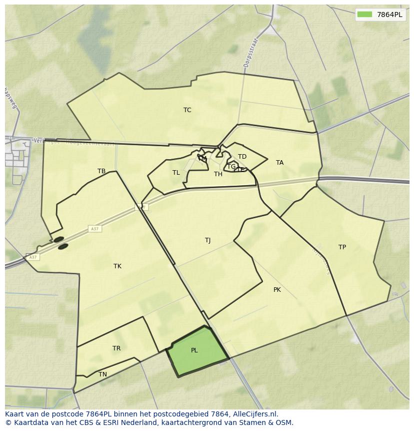 Afbeelding van het postcodegebied 7864 PL op de kaart.