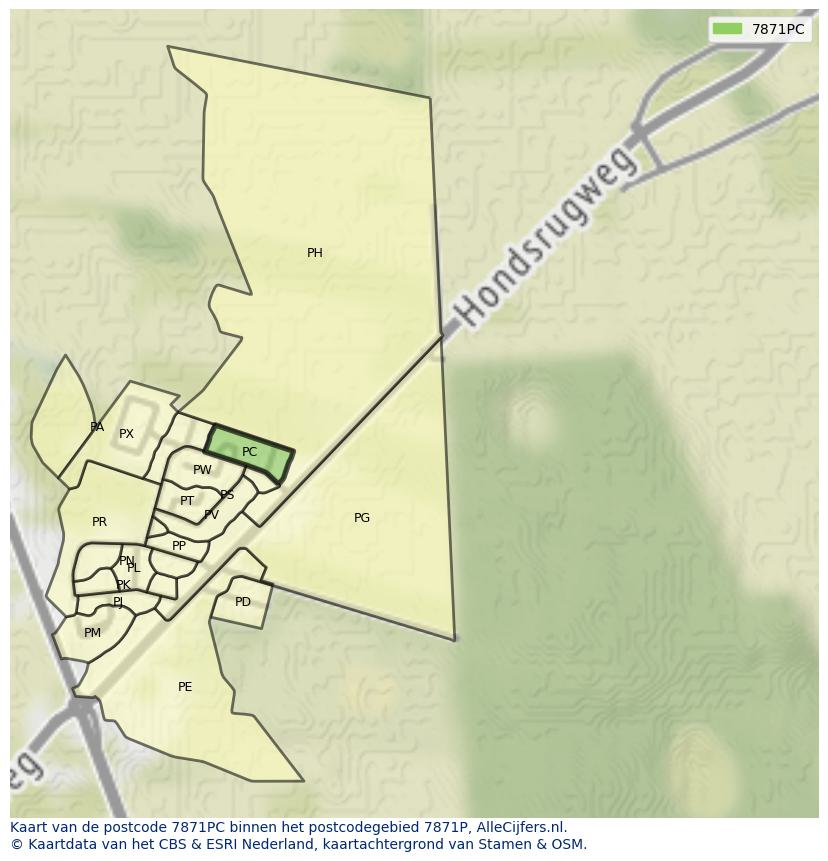 Afbeelding van het postcodegebied 7871 PC op de kaart.