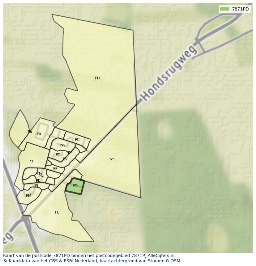 Afbeelding van het postcodegebied 7871 PD op de kaart.