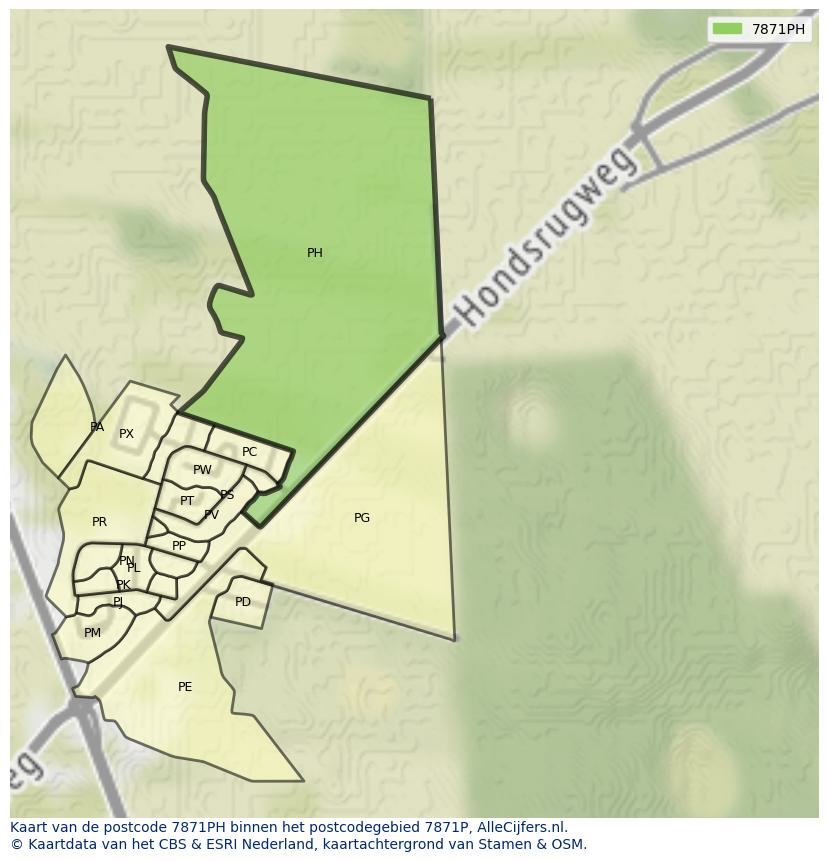 Afbeelding van het postcodegebied 7871 PH op de kaart.