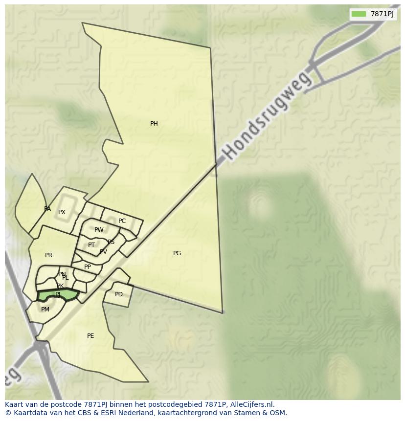Afbeelding van het postcodegebied 7871 PJ op de kaart.