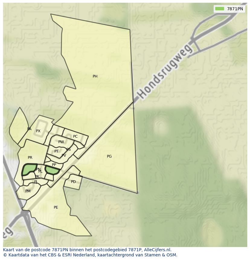 Afbeelding van het postcodegebied 7871 PN op de kaart.