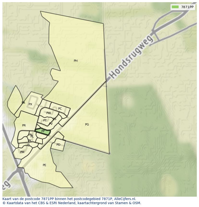 Afbeelding van het postcodegebied 7871 PP op de kaart.