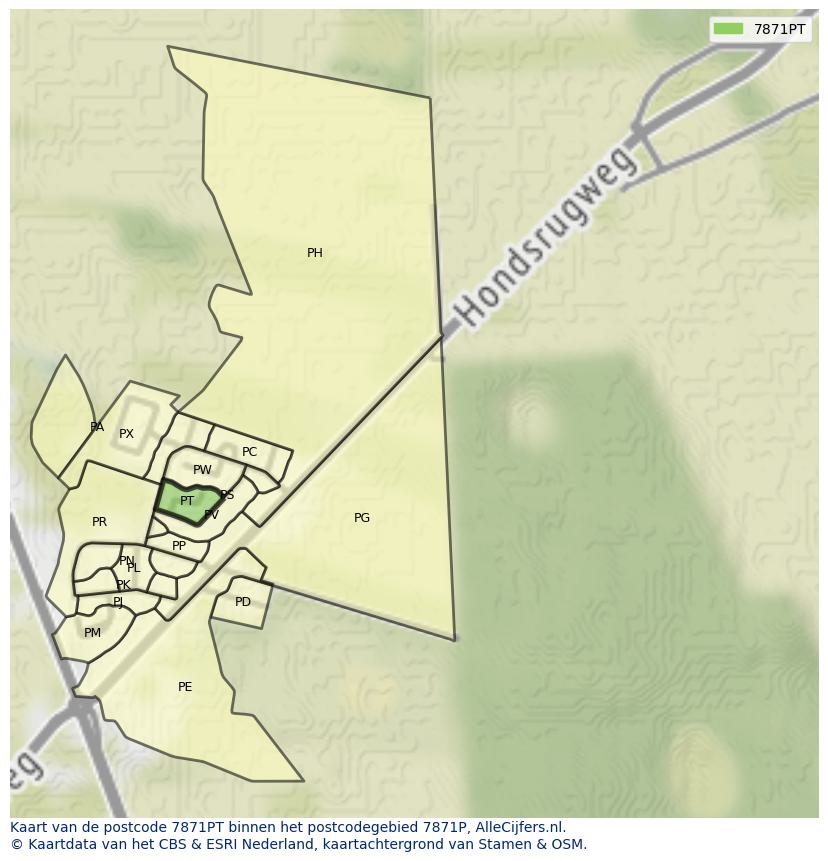 Afbeelding van het postcodegebied 7871 PT op de kaart.