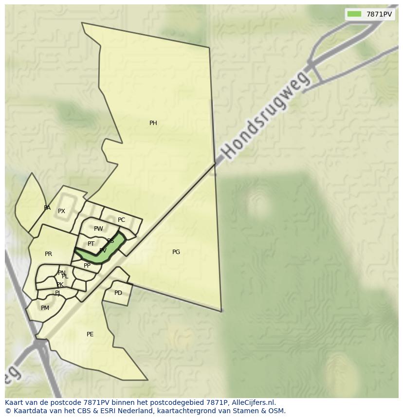 Afbeelding van het postcodegebied 7871 PV op de kaart.