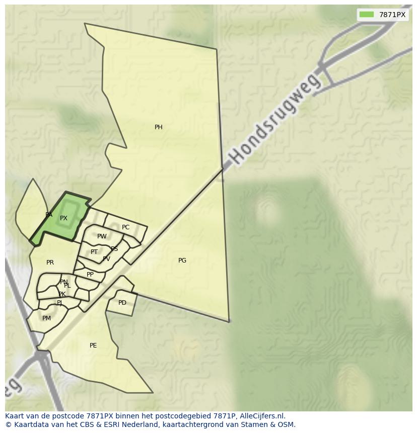 Afbeelding van het postcodegebied 7871 PX op de kaart.