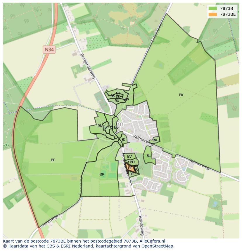 Afbeelding van het postcodegebied 7873 BE op de kaart.