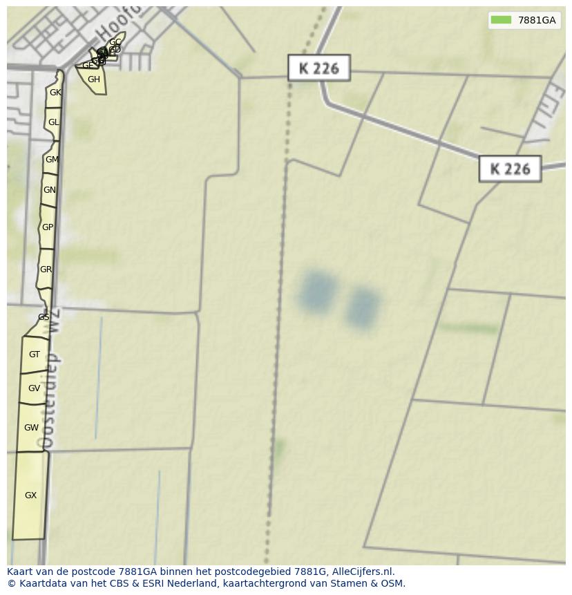 Afbeelding van het postcodegebied 7881 GA op de kaart.