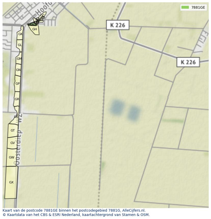 Afbeelding van het postcodegebied 7881 GE op de kaart.