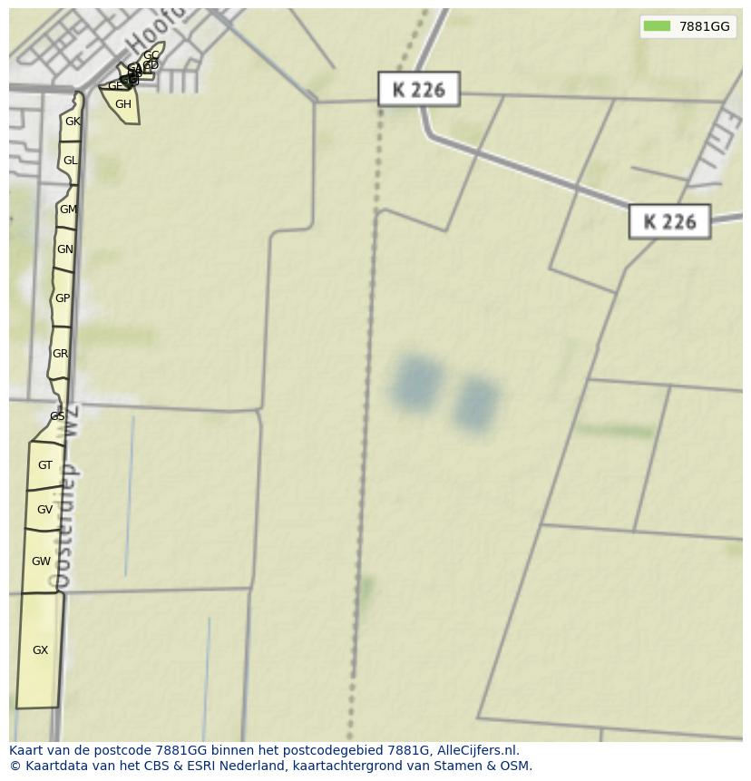 Afbeelding van het postcodegebied 7881 GG op de kaart.