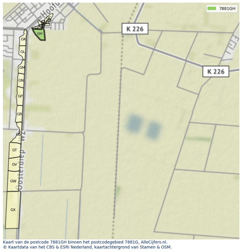 Afbeelding van het postcodegebied 7881 GH op de kaart.