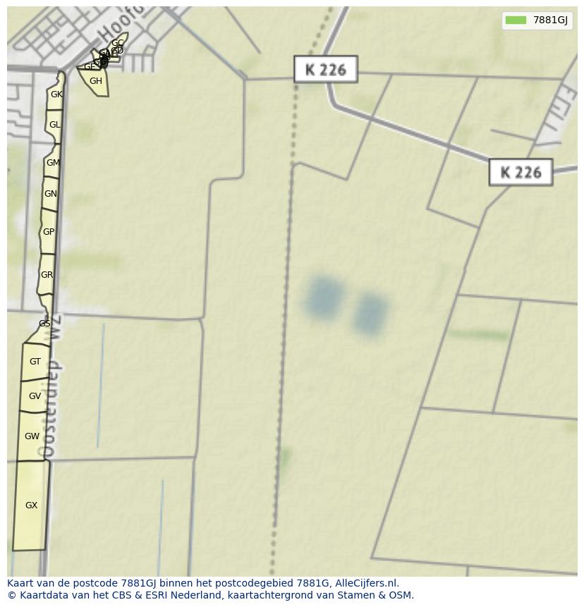 Afbeelding van het postcodegebied 7881 GJ op de kaart.