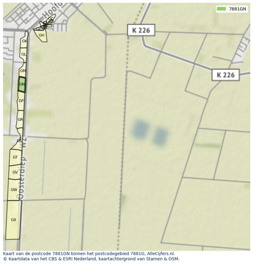 Afbeelding van het postcodegebied 7881 GN op de kaart.