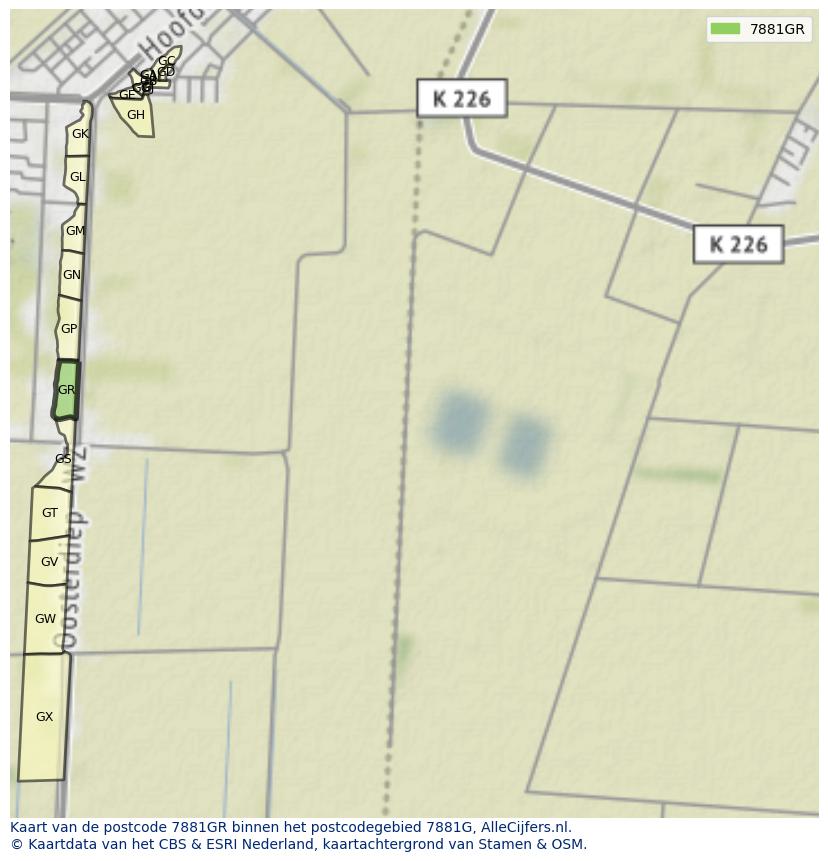 Afbeelding van het postcodegebied 7881 GR op de kaart.