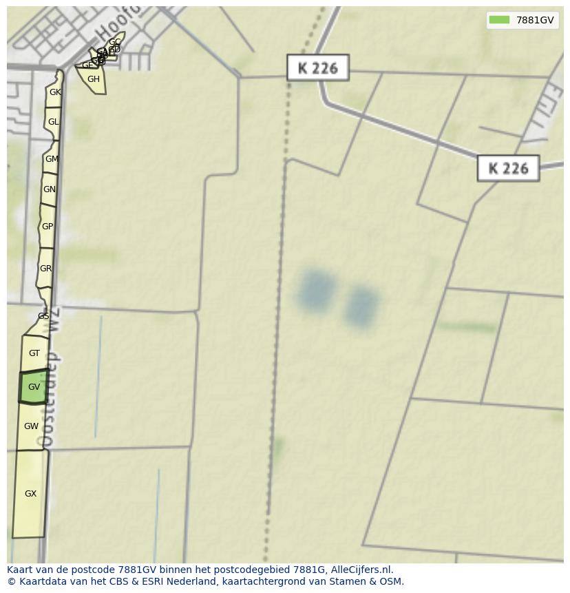 Afbeelding van het postcodegebied 7881 GV op de kaart.