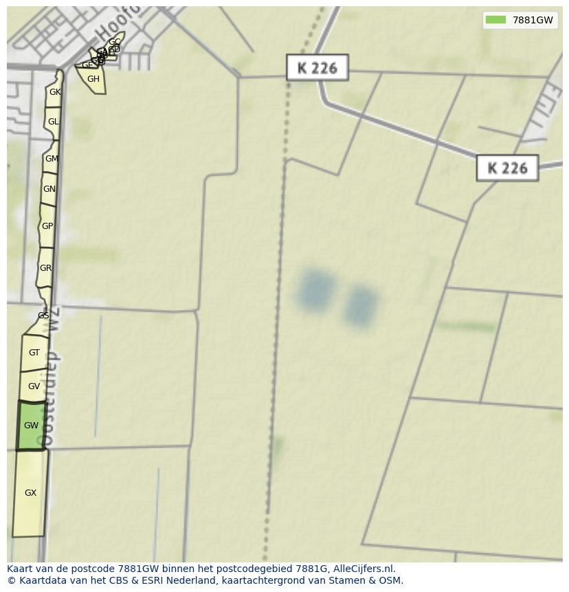 Afbeelding van het postcodegebied 7881 GW op de kaart.