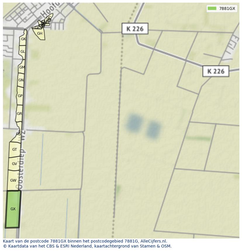 Afbeelding van het postcodegebied 7881 GX op de kaart.