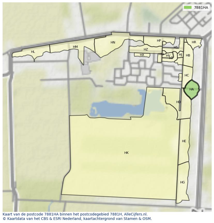 Afbeelding van het postcodegebied 7881 HA op de kaart.