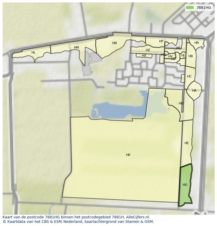 Afbeelding van het postcodegebied 7881 HG op de kaart.