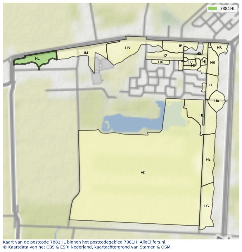 Afbeelding van het postcodegebied 7881 HL op de kaart.