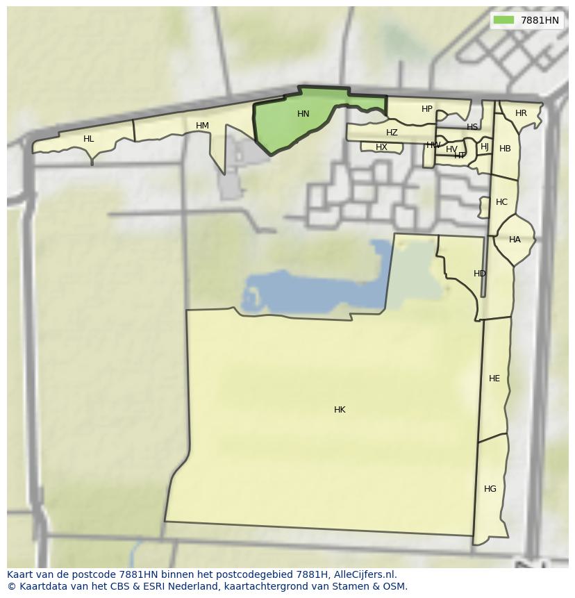 Afbeelding van het postcodegebied 7881 HN op de kaart.
