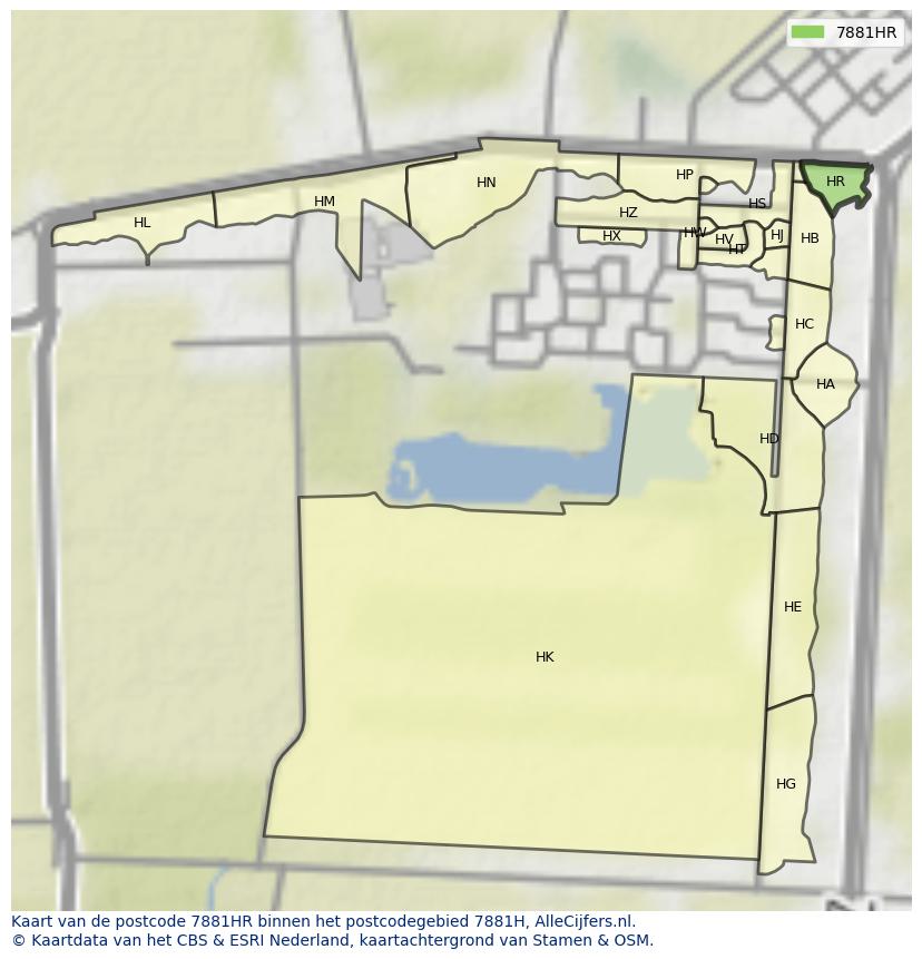 Afbeelding van het postcodegebied 7881 HR op de kaart.