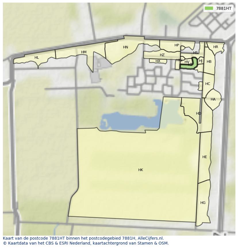 Afbeelding van het postcodegebied 7881 HT op de kaart.