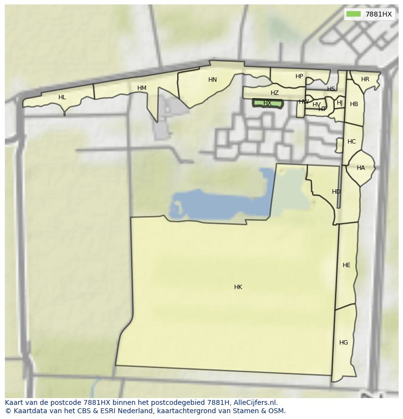 Afbeelding van het postcodegebied 7881 HX op de kaart.