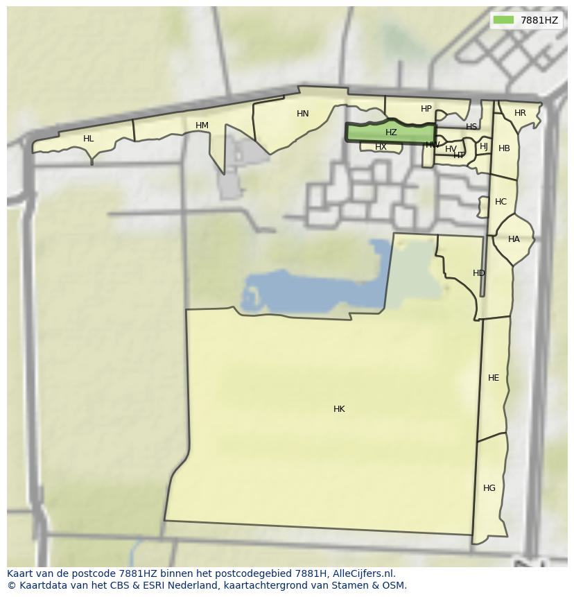 Afbeelding van het postcodegebied 7881 HZ op de kaart.