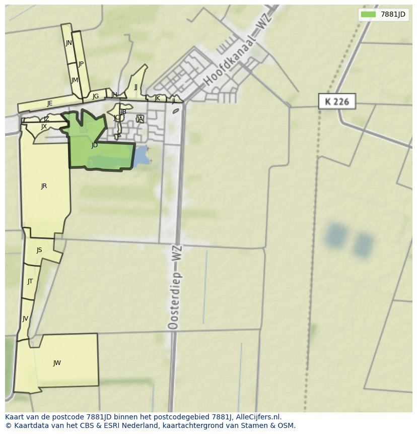 Afbeelding van het postcodegebied 7881 JD op de kaart.