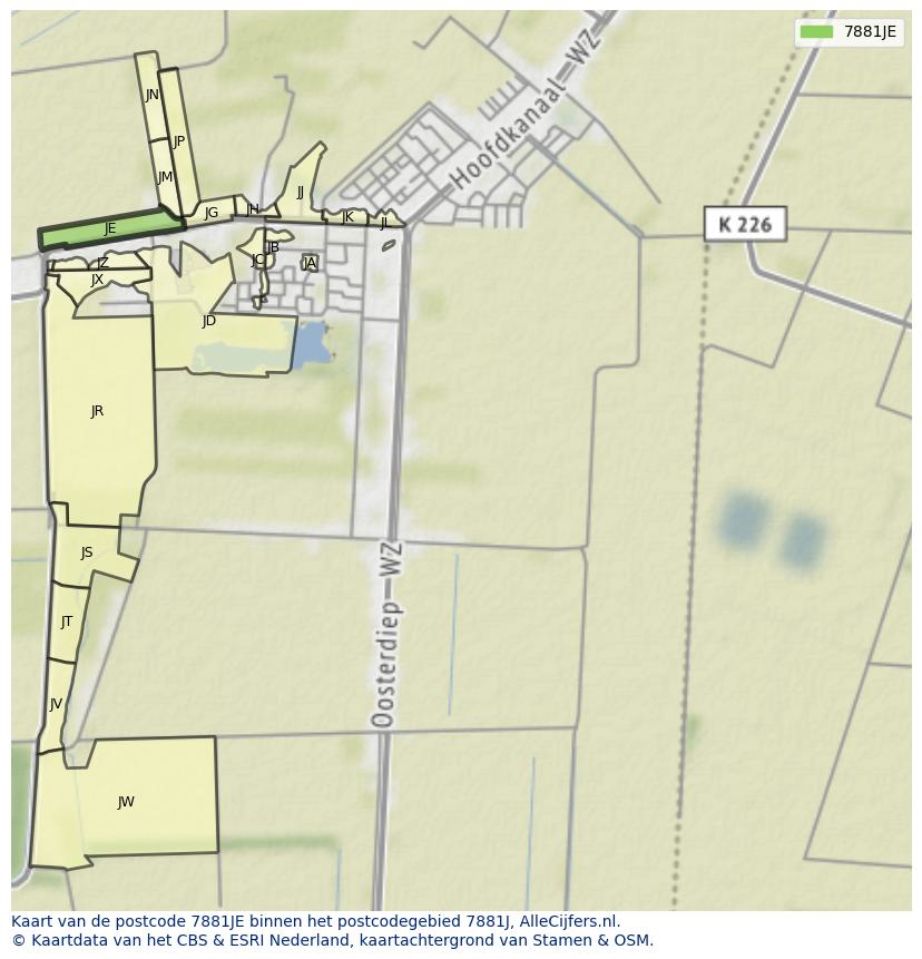 Afbeelding van het postcodegebied 7881 JE op de kaart.