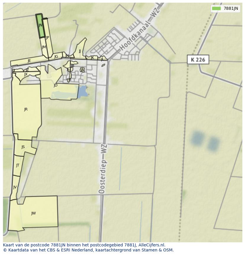 Afbeelding van het postcodegebied 7881 JN op de kaart.