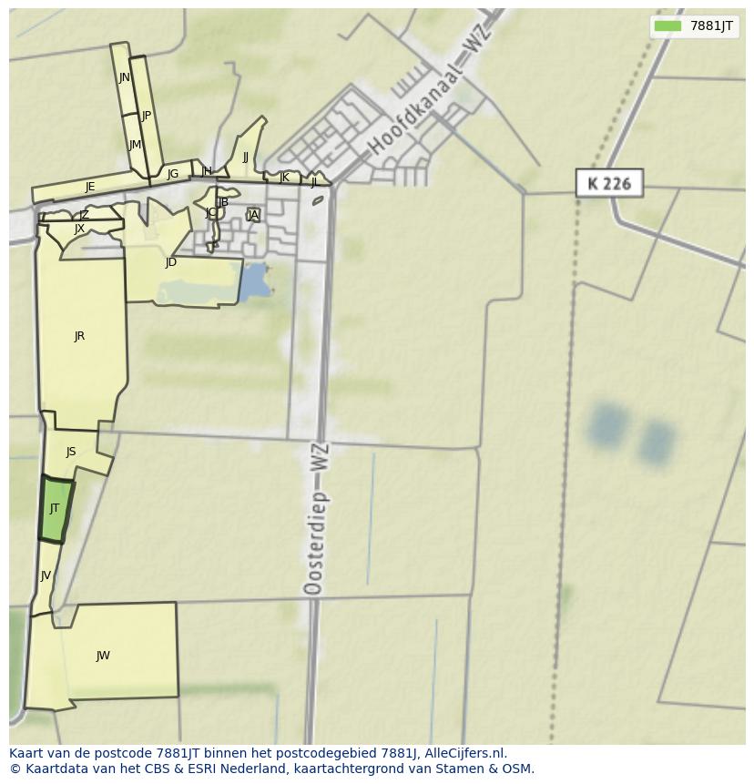 Afbeelding van het postcodegebied 7881 JT op de kaart.