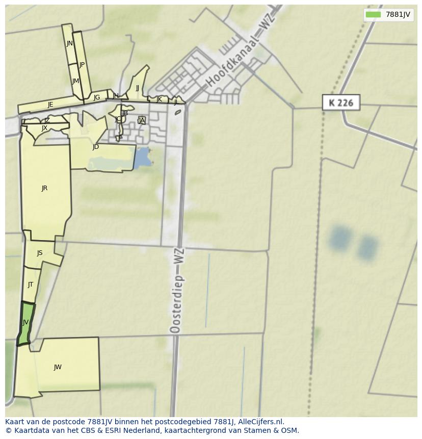 Afbeelding van het postcodegebied 7881 JV op de kaart.