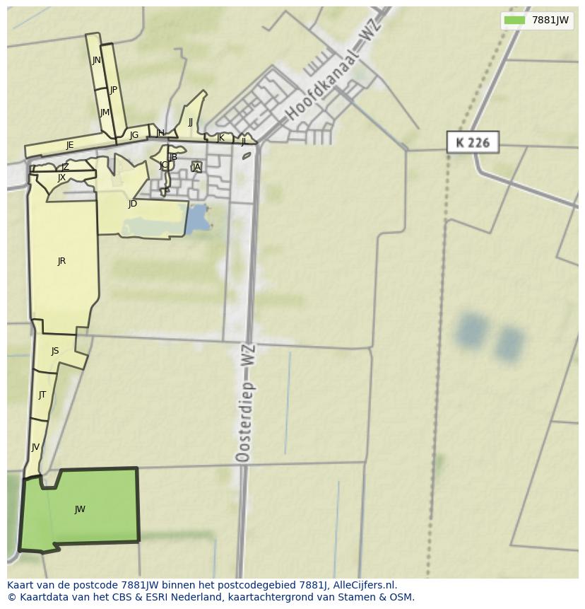 Afbeelding van het postcodegebied 7881 JW op de kaart.