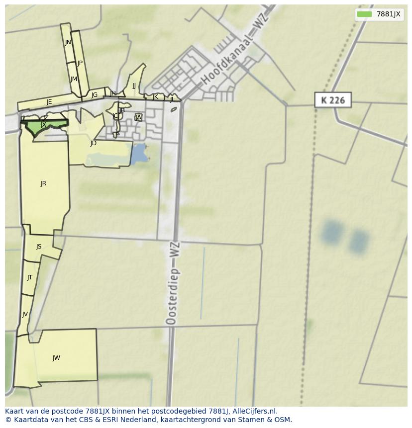 Afbeelding van het postcodegebied 7881 JX op de kaart.