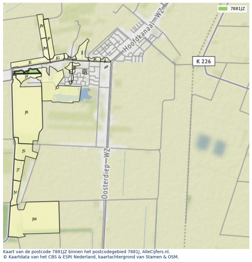 Afbeelding van het postcodegebied 7881 JZ op de kaart.