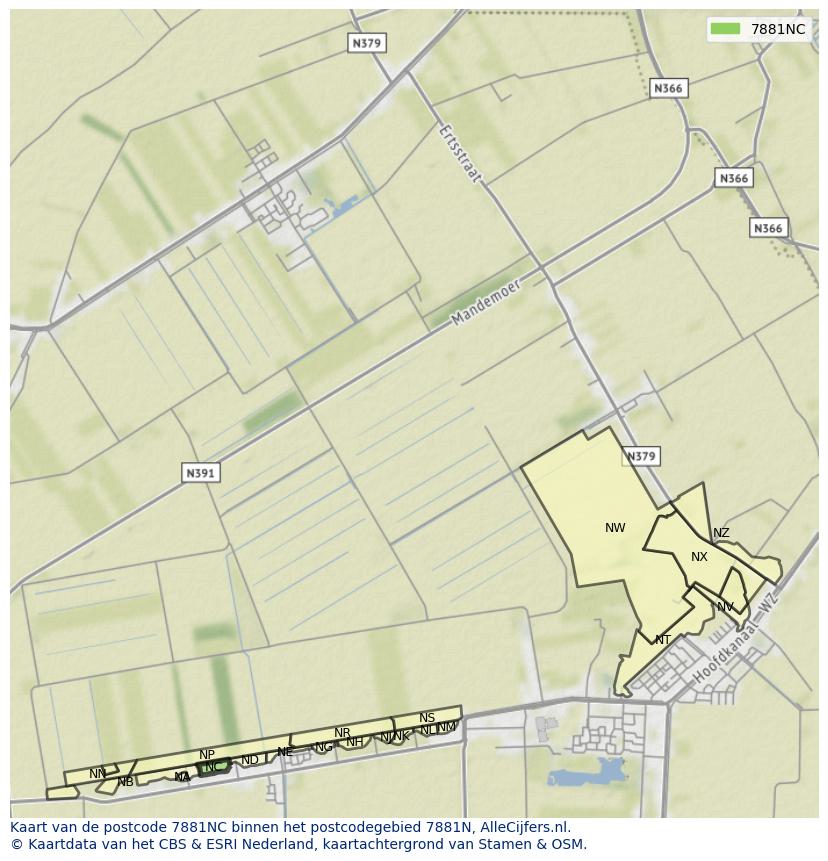 Afbeelding van het postcodegebied 7881 NC op de kaart.