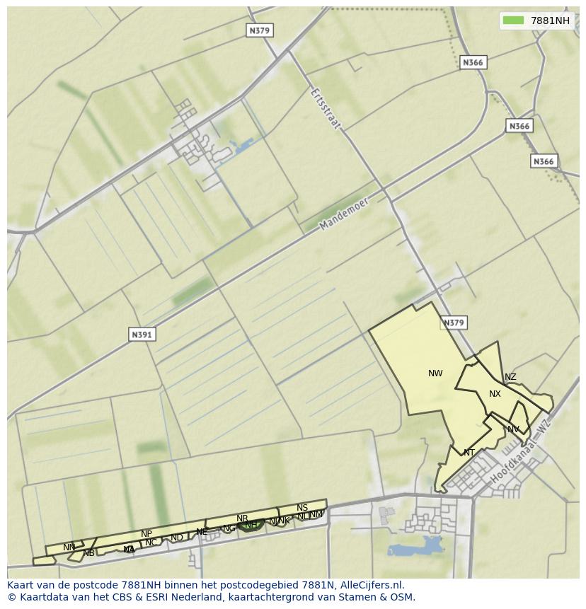 Afbeelding van het postcodegebied 7881 NH op de kaart.