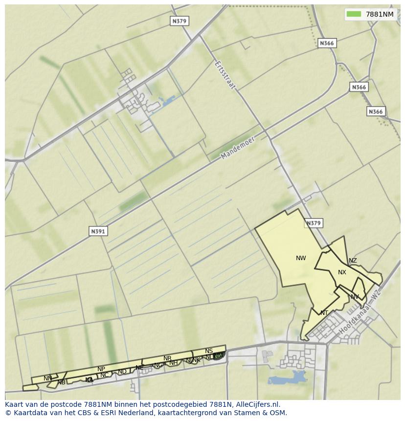 Afbeelding van het postcodegebied 7881 NM op de kaart.