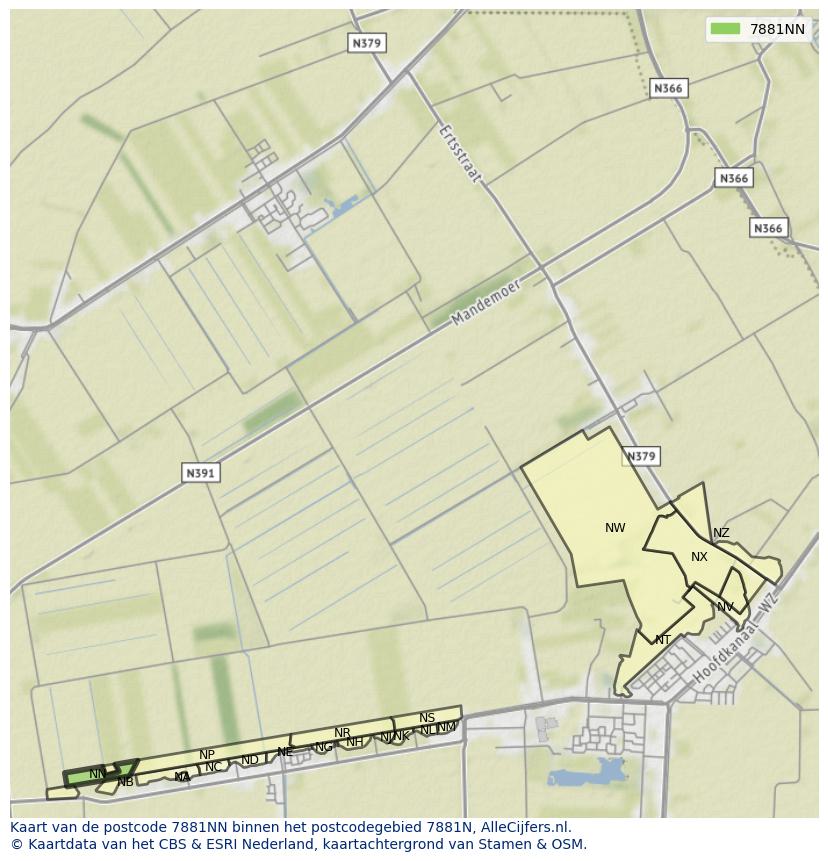 Afbeelding van het postcodegebied 7881 NN op de kaart.