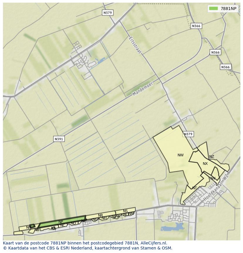 Afbeelding van het postcodegebied 7881 NP op de kaart.