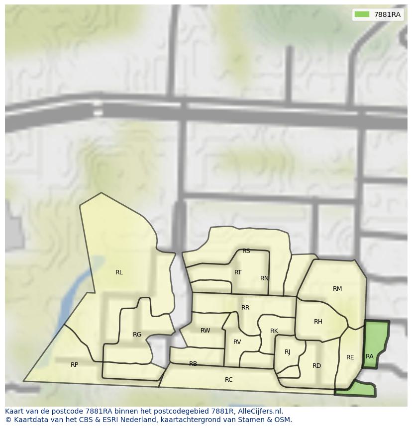 Afbeelding van het postcodegebied 7881 RA op de kaart.