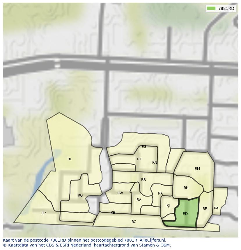 Afbeelding van het postcodegebied 7881 RD op de kaart.
