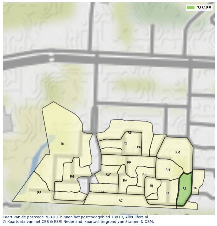 Afbeelding van het postcodegebied 7881 RE op de kaart.