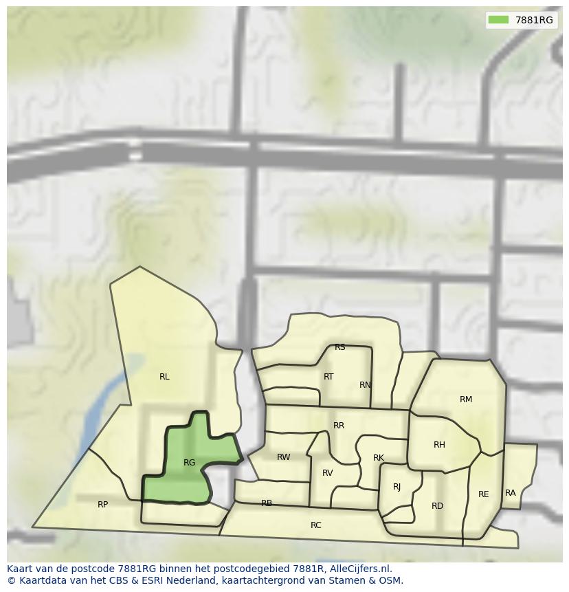 Afbeelding van het postcodegebied 7881 RG op de kaart.